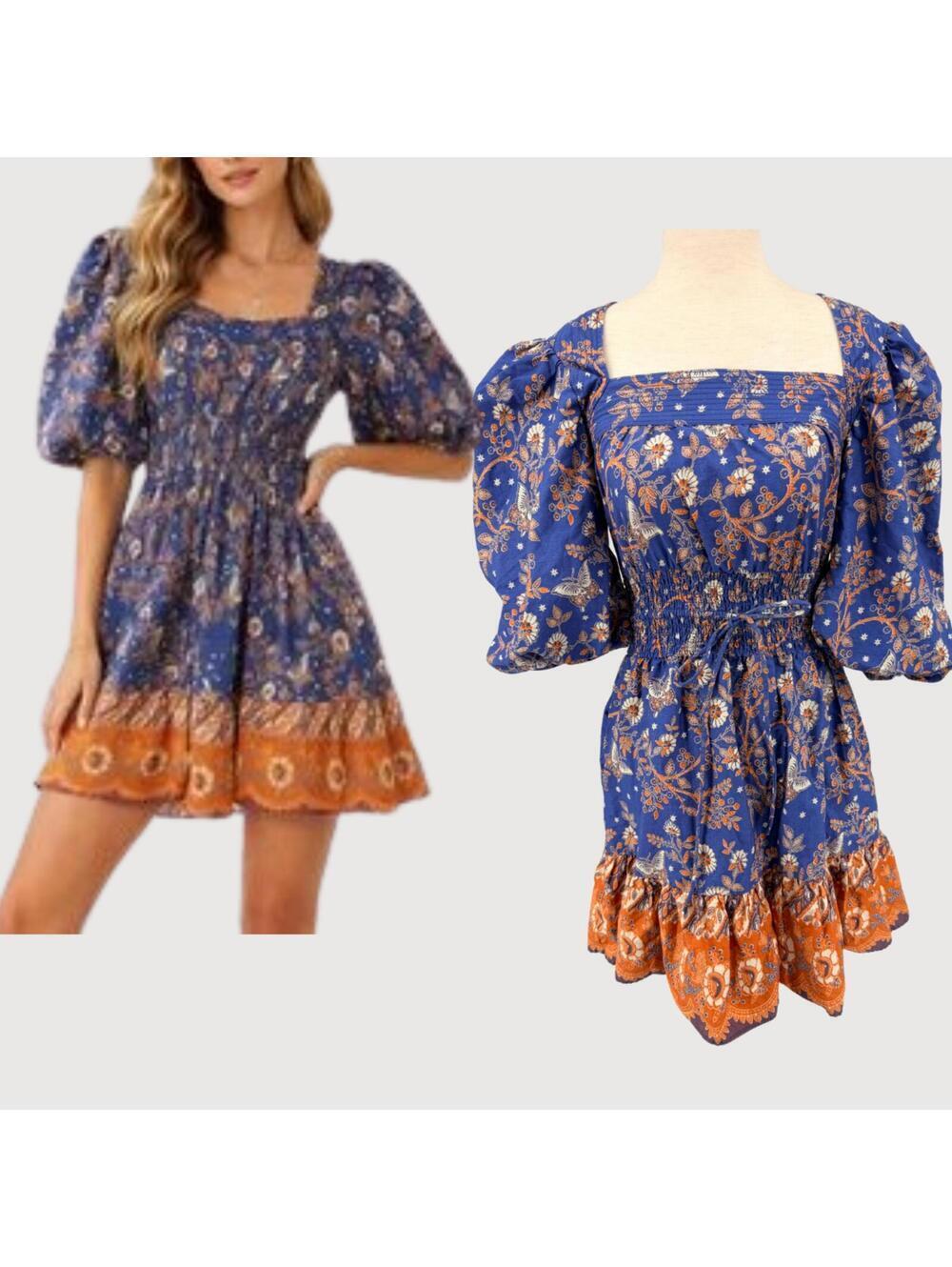 House of Harlow Floral Smocked Mini Dress Blue XS